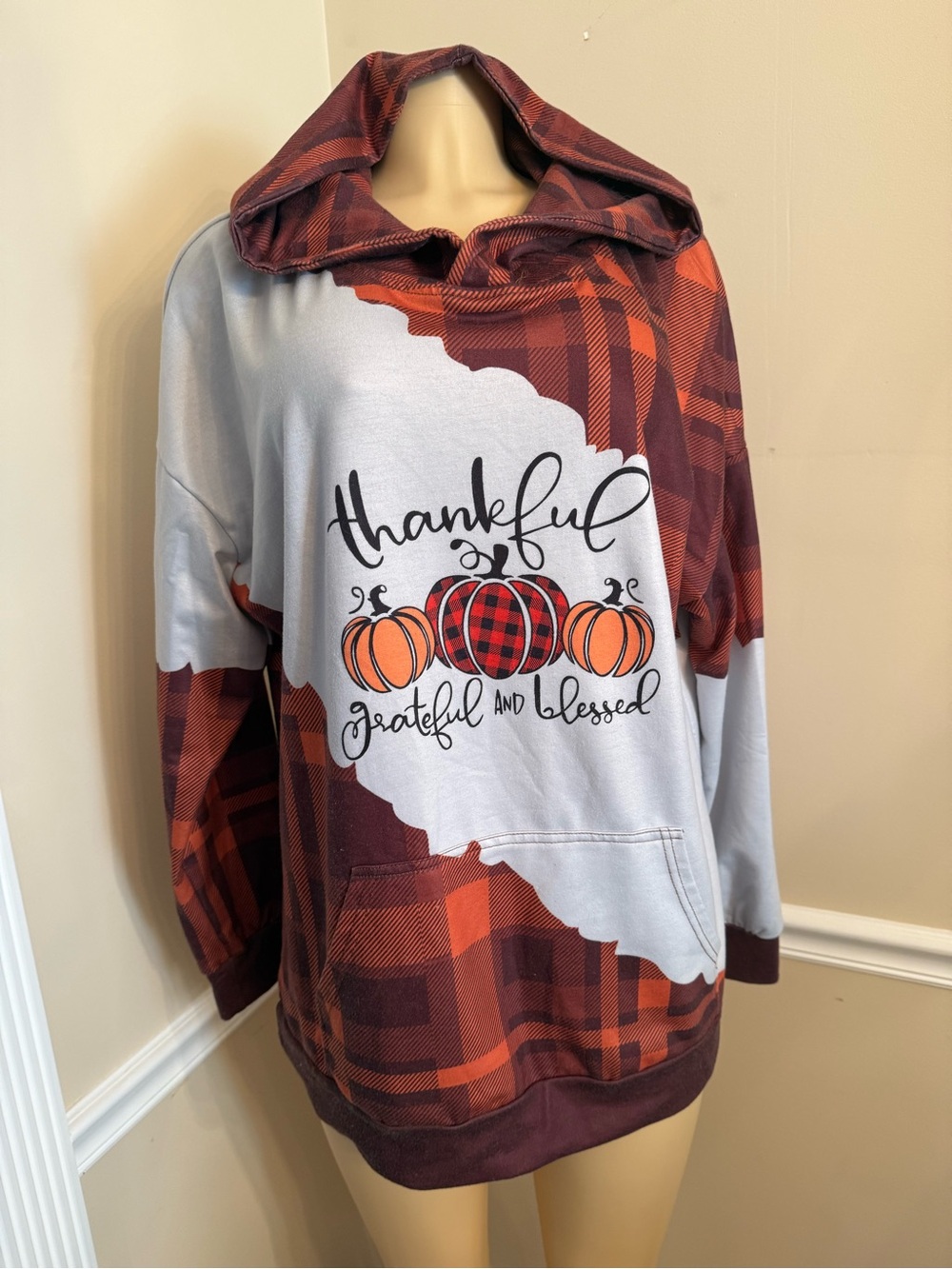 Kohl's Gray and Rust Plaid 'Thankful & Grateful' Hoodie